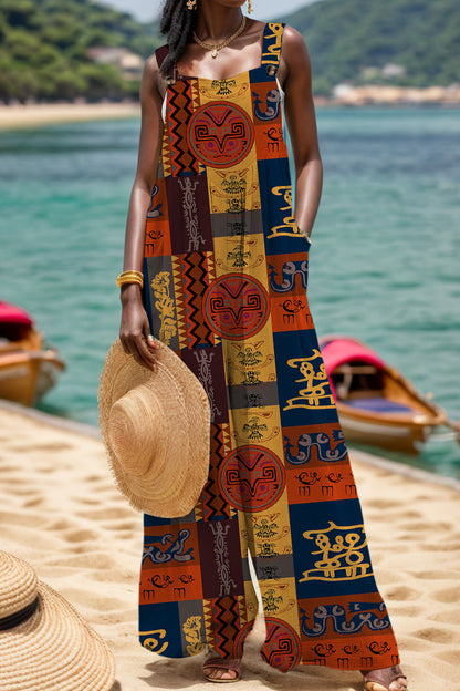 Casual Print Backless Square-Collar Regular Jumpsuits