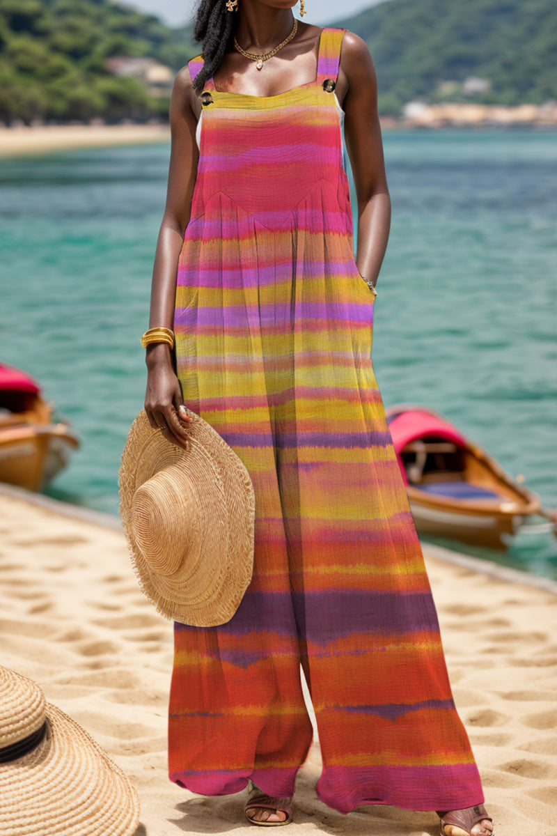 Casual Print Backless Square-Collar Regular Jumpsuits