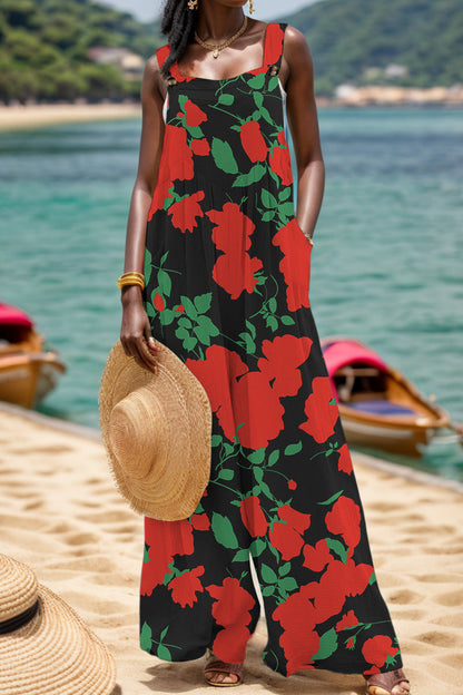 Casual Print Backless Square-Collar Regular Jumpsuits