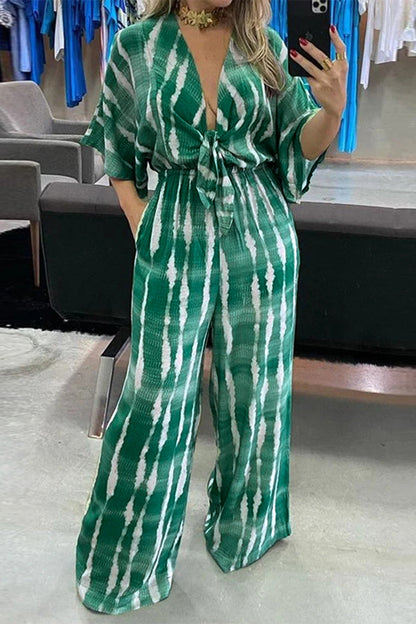 LD Striped Neck Loose Jumpsuits