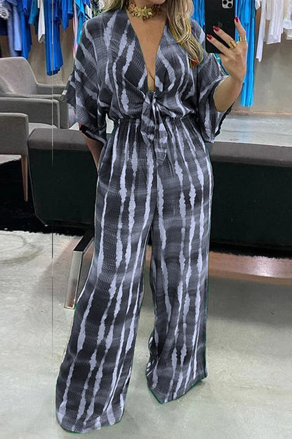 LD Striped Neck Loose Jumpsuits