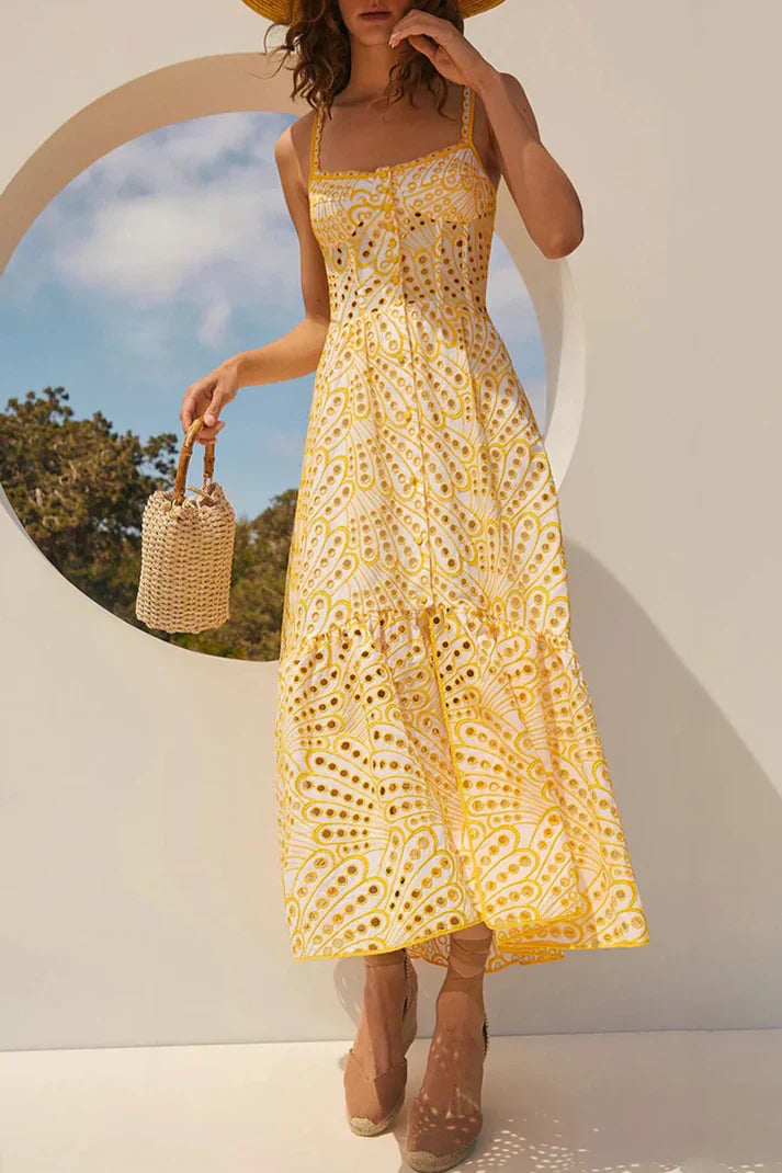 LP | Elegant one-shoulder flared patchwork dress with square neckline