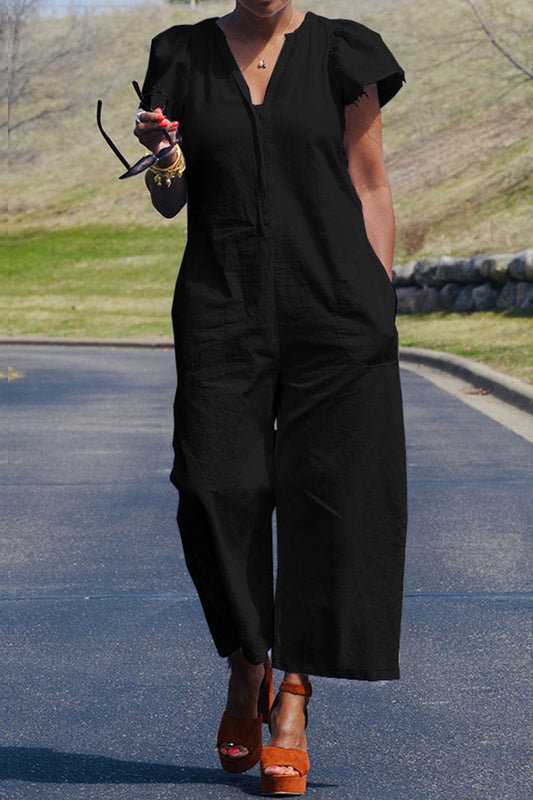 Casual Solid Patchwork & V Neck Regular Jumpsuit