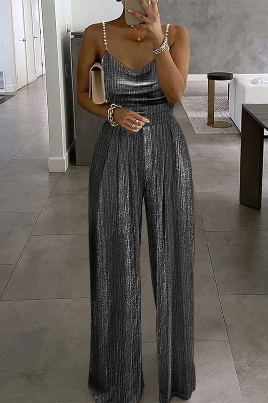 Casual Solid Beaded Pleats U Neck Loose Jumpsuits (3 Colors)