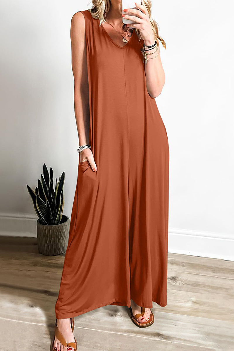 LD Simplicity Solid Pocket V-Neck Loose Jumpsuits