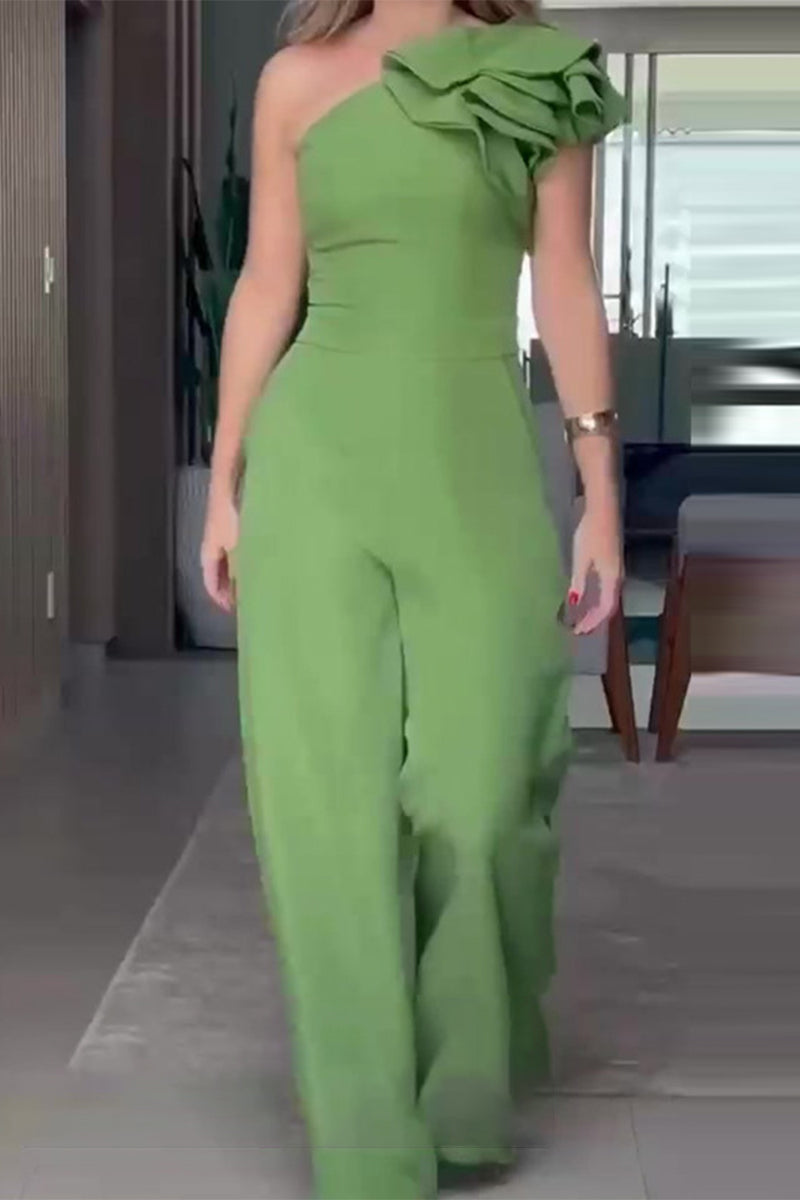 Casual Celebrities Solid Pleats Floral Bias Collar Regular Jumpsuits