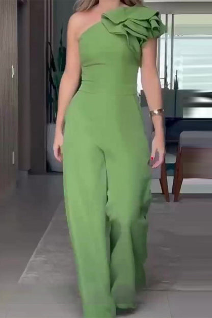 Casual Celebrities Solid Pleats Floral Bias Collar Regular Jumpsuits