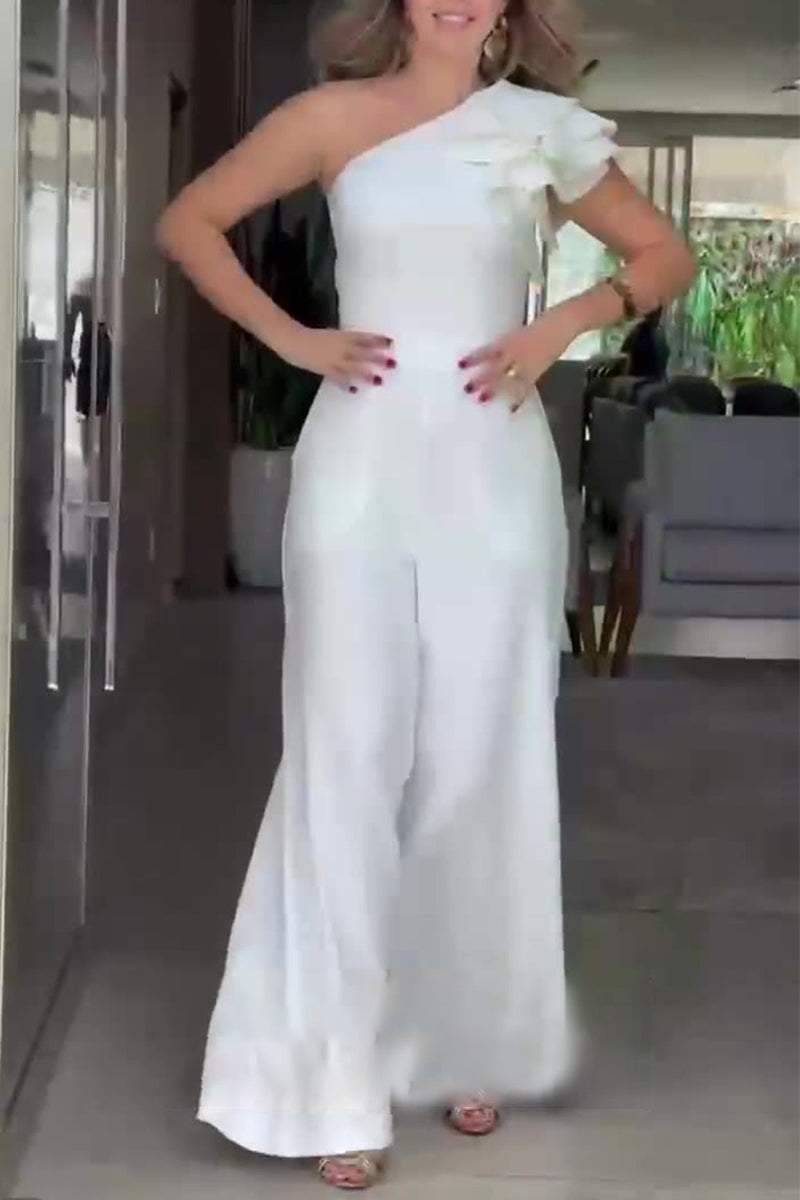 Casual Celebrities Solid Pleats Floral Bias Collar Regular Jumpsuits