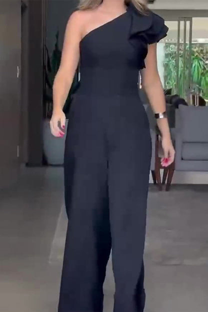 Casual Celebrities Solid Pleats Floral Bias Collar Regular Jumpsuits