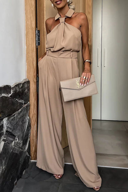 Casual British Style Solid Pocket Zip Halter Jumpsuits