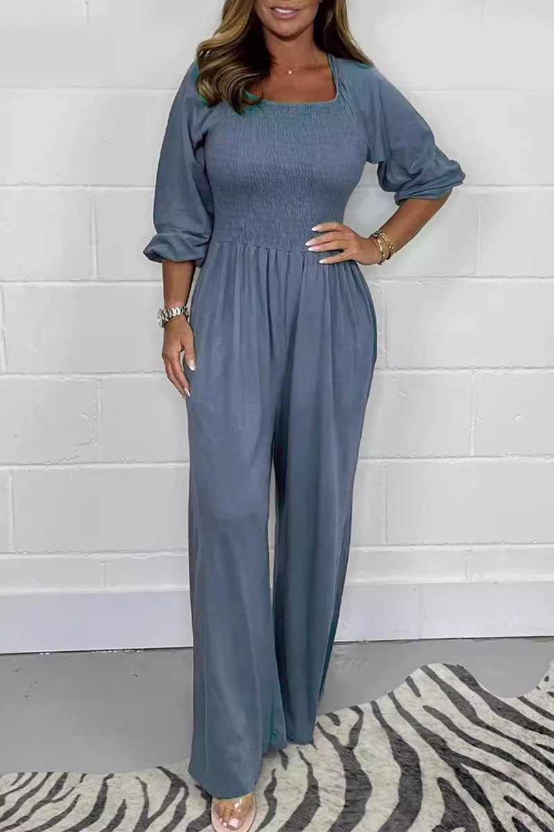 Casual Solid Pleats Square-Collar Loose Jumpsuits