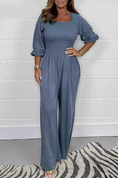 Casual Solid Pleats Square-Collar Loose Jumpsuits