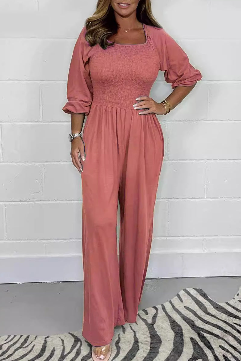 Casual Solid Pleats Square-Collar Loose Jumpsuits