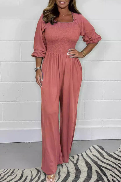 Casual Solid Pleats Square-Collar Loose Jumpsuits