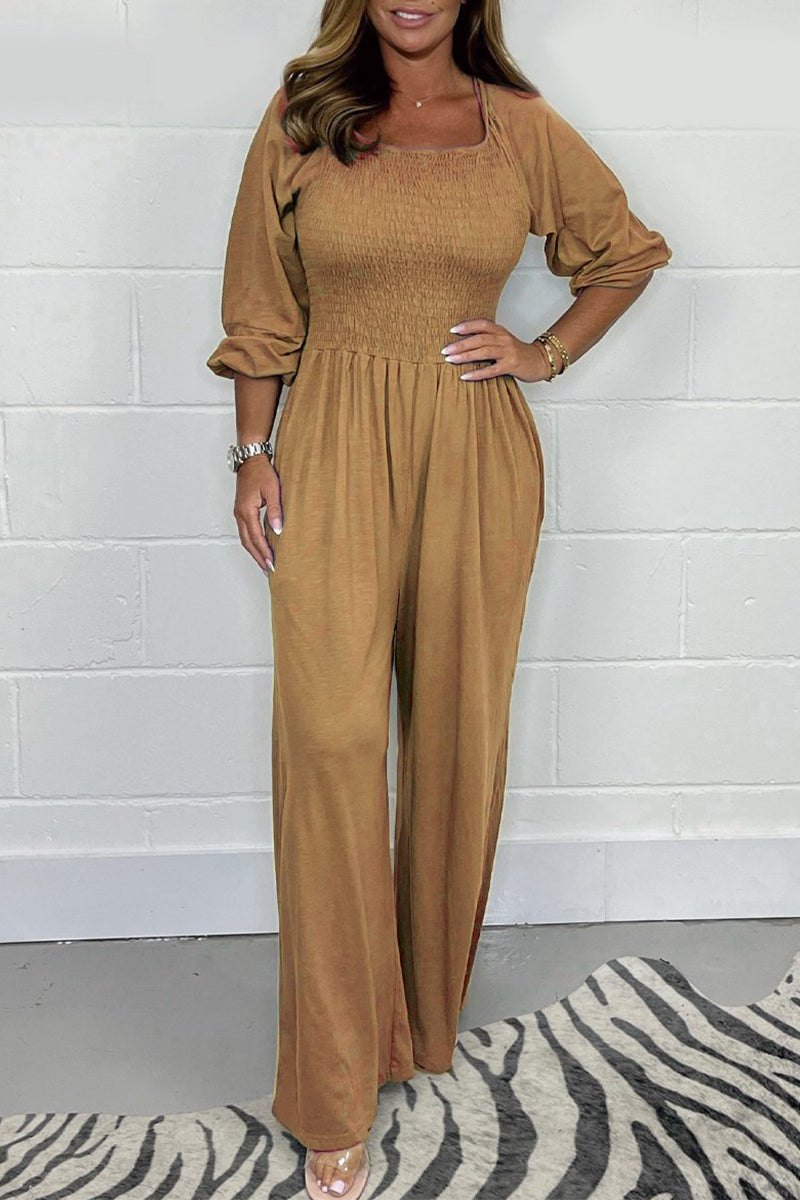 Casual Solid Pleats Square-Collar Loose Jumpsuits