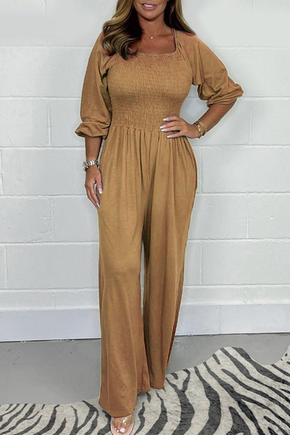Casual Solid Pleats Square-Collar Loose Jumpsuits
