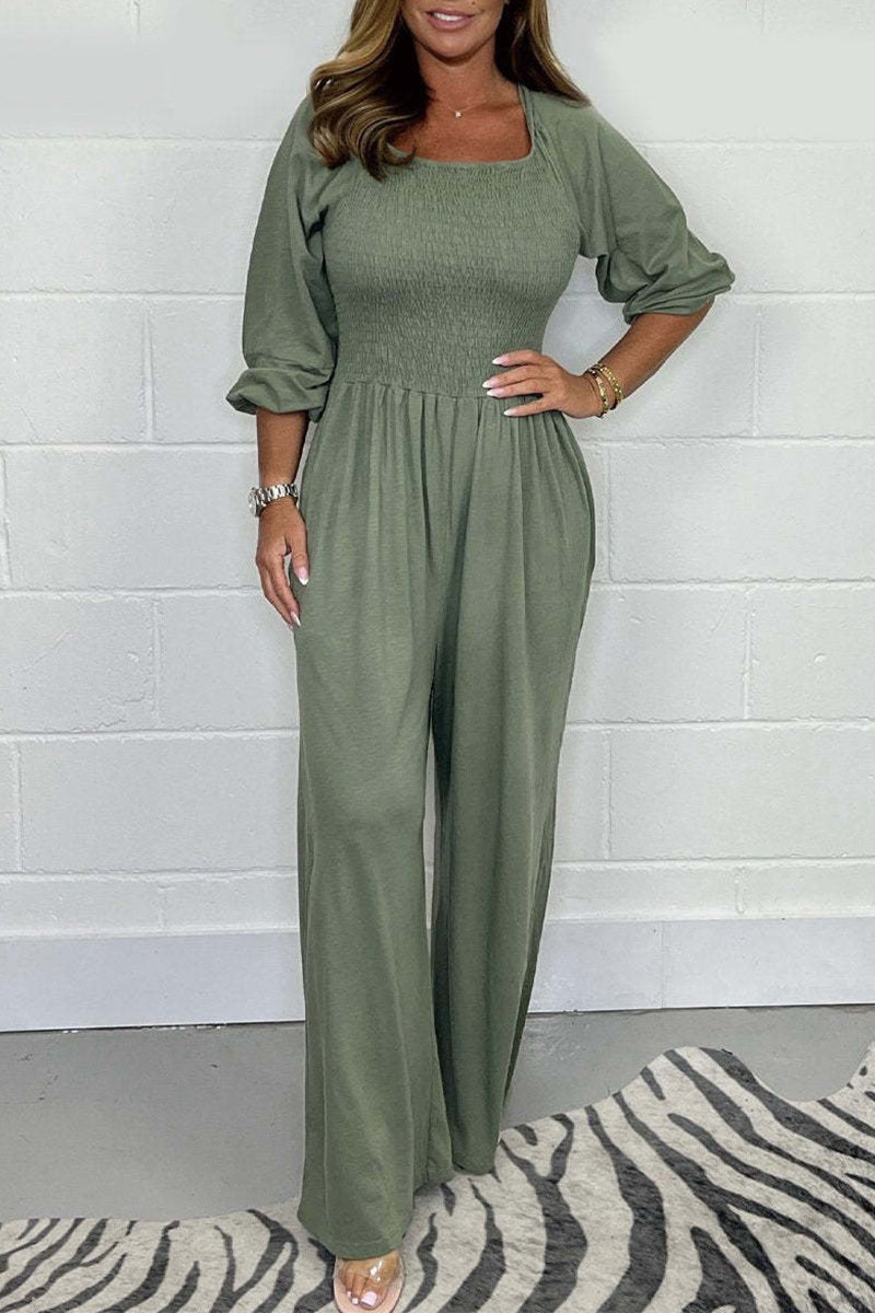 Casual Solid Pleats Square-Collar Loose Jumpsuits
