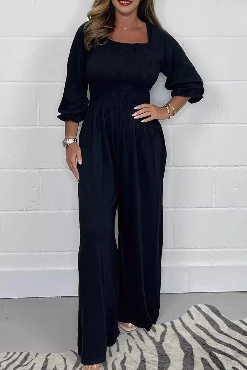 Casual Solid Pleats Square-Collar Loose Jumpsuits
