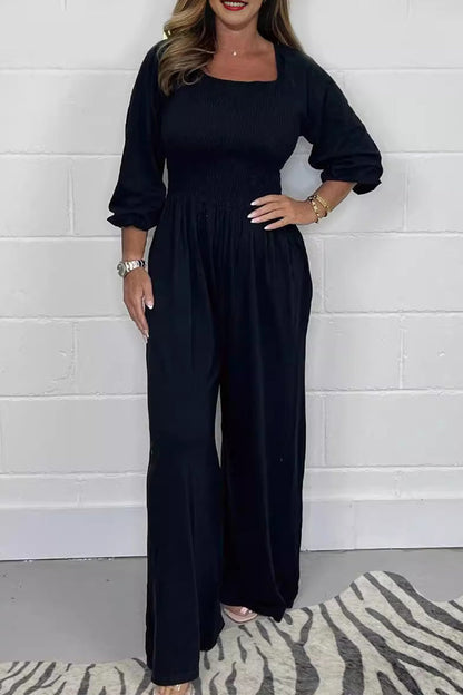 Casual Solid Pleats Square-Collar Loose Jumpsuits