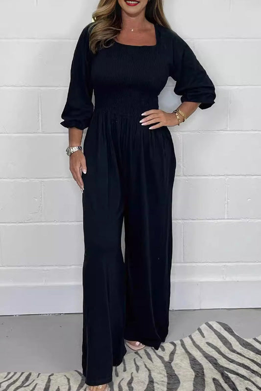 Casual Solid Pleats Square-Collar Loose Jumpsuits