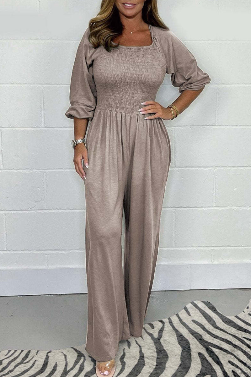 Casual Solid Pleats Square-Collar Loose Jumpsuits