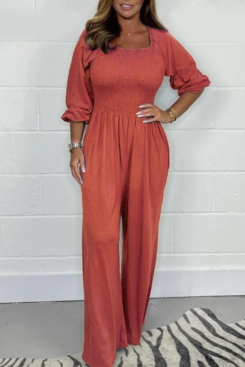 Casual Solid Pleats Square-Collar Loose Jumpsuits