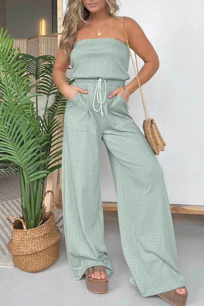 Casual Striped Drawstring Bag Strapless Regular Jumpsuits