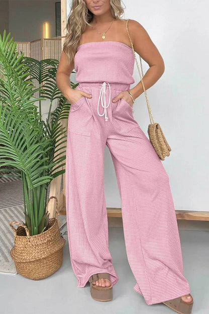 Casual Striped Drawstring Bag Strapless Regular Jumpsuits