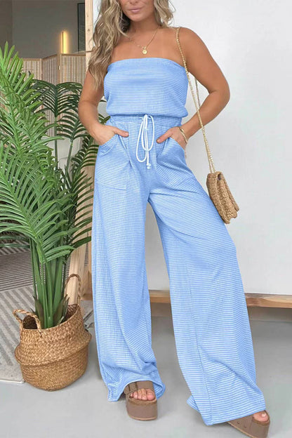 Casual Striped Drawstring Bag Strapless Regular Jumpsuits