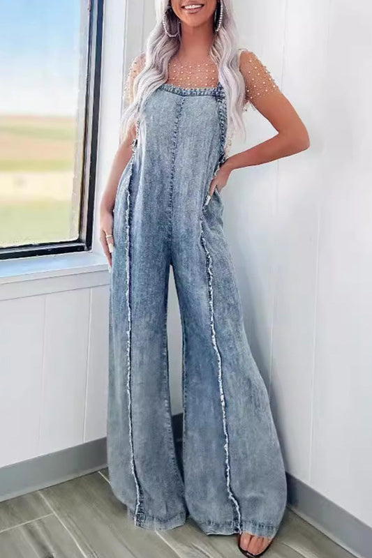 LD Casual Street Solid Patchwork Backless Square-Collar Sleeveless Loose Denim Jumpsuits