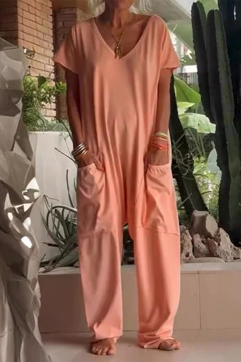 Casual everyday solid color pocket V neck loose jumpsuits (8 colors)