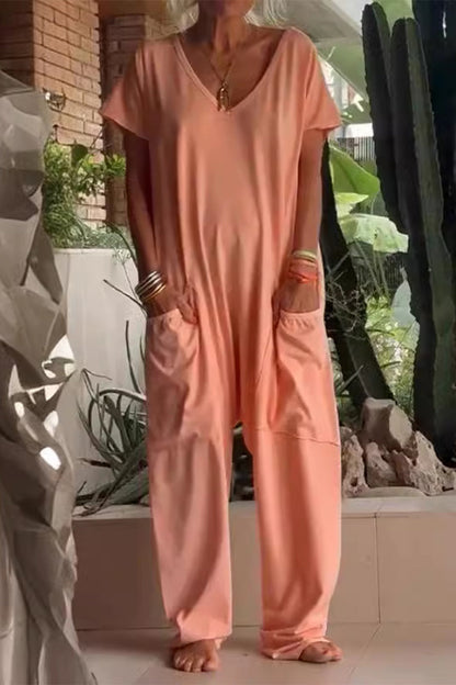 Casual everyday solid color pocket V neck loose jumpsuits (8 colors)