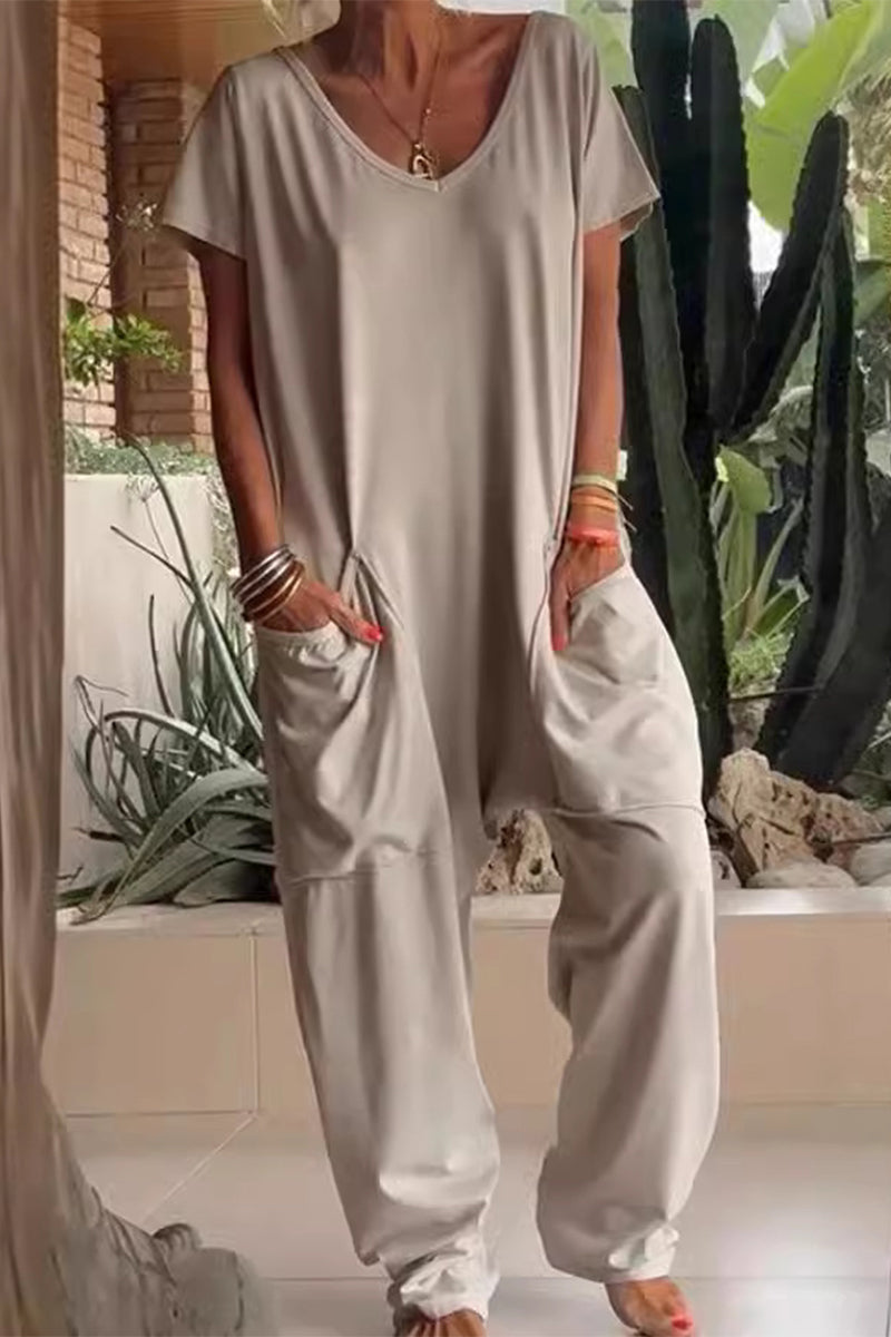 Casual everyday solid color pocket V neck loose jumpsuits (8 colors)