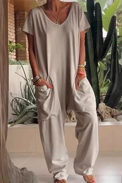 Casual everyday solid color pocket V neck loose jumpsuits (8 colors)