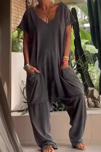 Casual everyday solid color pocket V neck loose jumpsuits (8 colors)