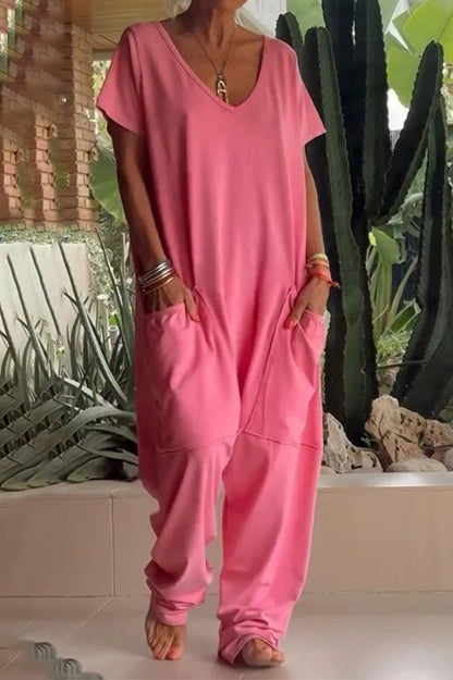 Casual everyday solid color pocket V neck loose jumpsuits (8 colors)