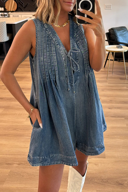 Casual Street Solid Colour Pocket Lace Up V Neck Sleeveless Loose Denim Jumpsuits