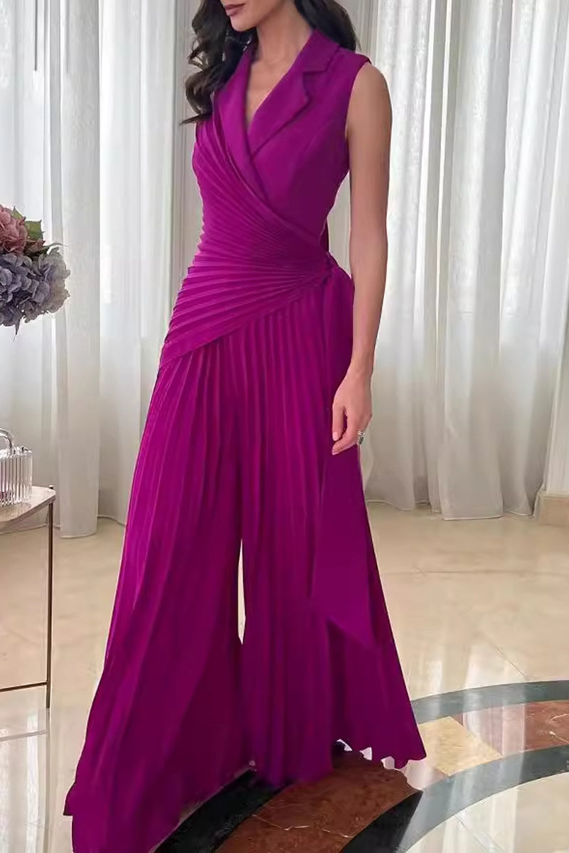 Casual Solid Color Lace Up Patchwork Turn Down Collar Loose Jumpsuits