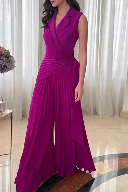 Casual Solid Color Lace Up Patchwork Turn Down Collar Loose Jumpsuits