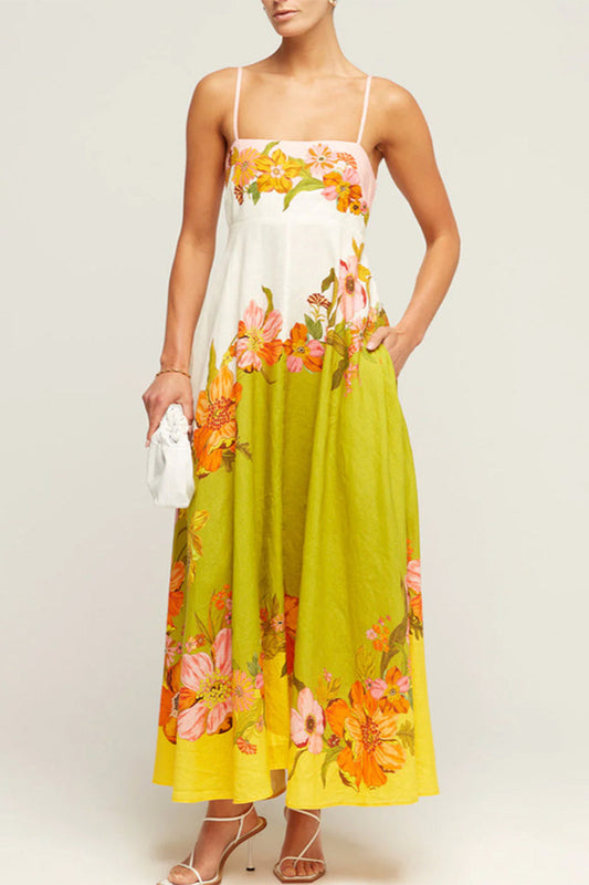 Strapless dresses with contrasting square neckline, pocket and floral print