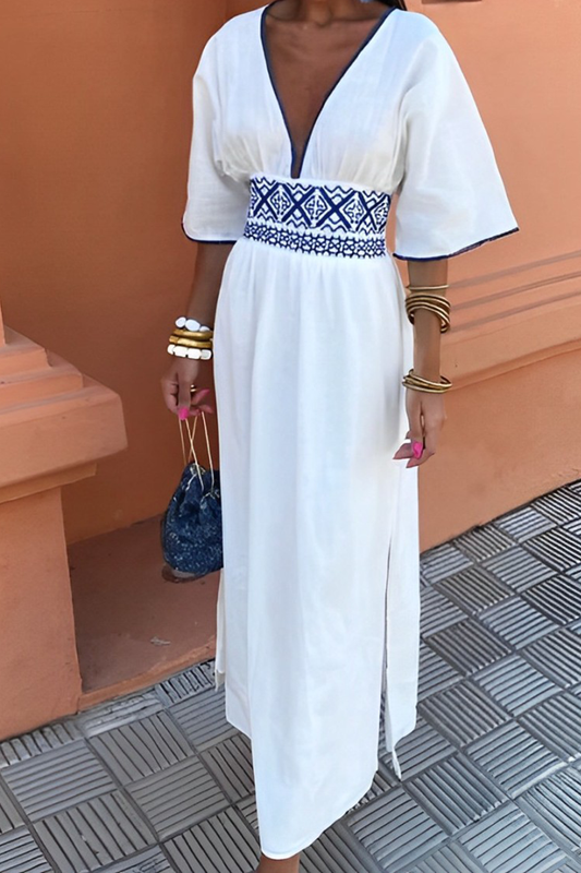 LP | Elegant dresses with A-line, slit and V-neckline and geometric print