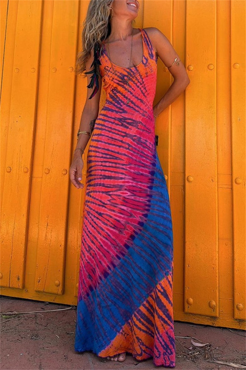 LP | Casual long dress with print, backless round neckline (3 colors)