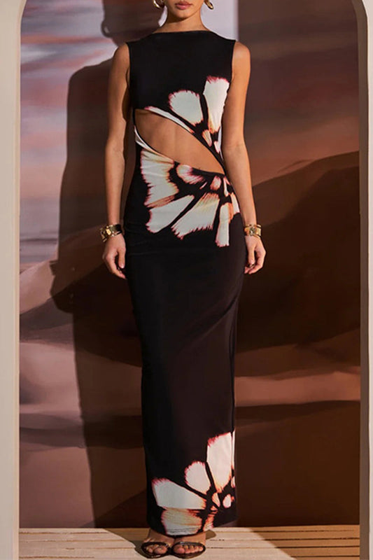 LP | Sexy floral-print, low-cut, O-neckline, one-tiered skirt dresses