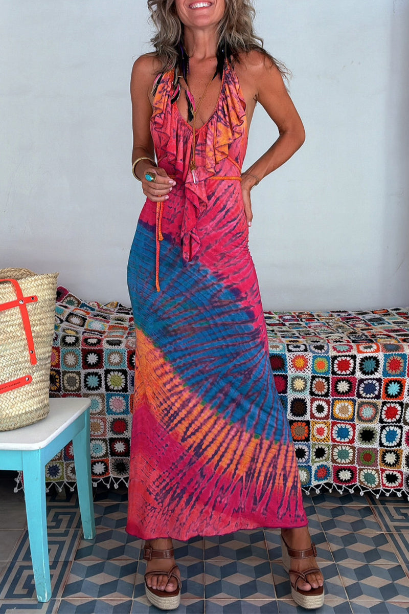 LP | Sexy vacation dress with backless ruffle and V-neckline, single-layer skirt with color gradients