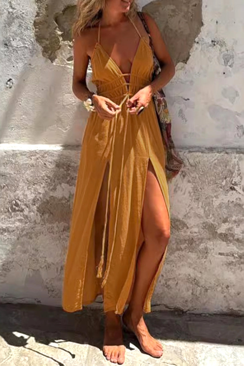 LP | Sexy solid color halter dress for vacations with slit belt and irregular irregular dresses