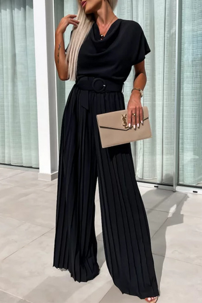 Casual solid color with belt pleated pile collar loose jumpsuits (3 colors)