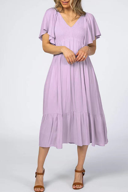 LP | Elegant plain dress with ruffle, V-neck and short sleeves (4 colors)