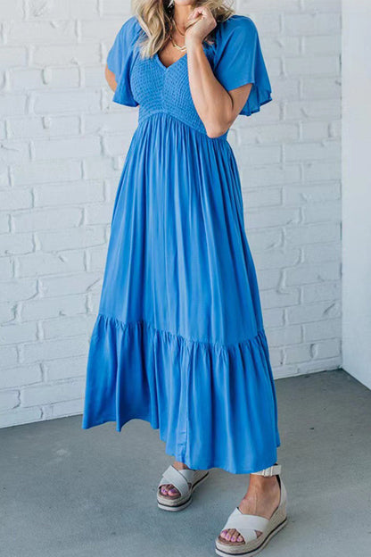 LP | Elegant plain dress with ruffle, V-neck and short sleeves (4 colors)