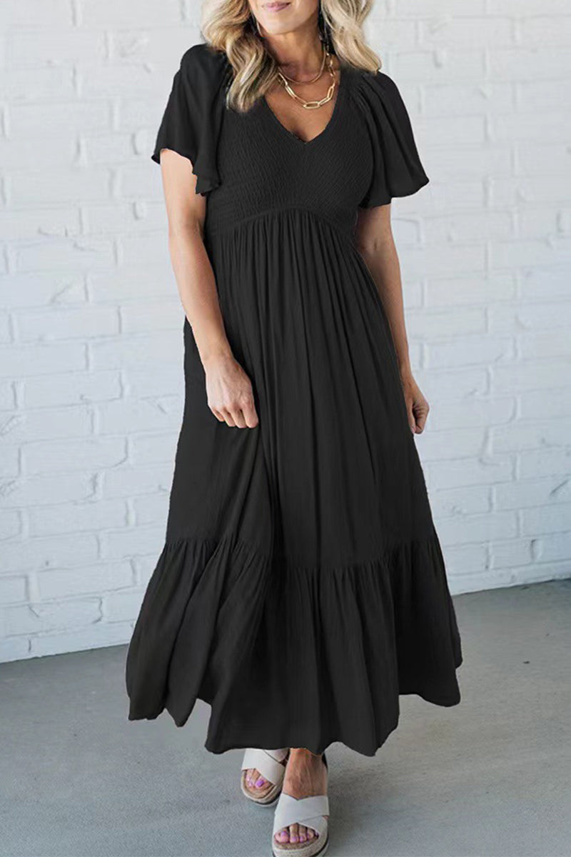 LP | Elegant plain dress with ruffle, V-neck and short sleeves (4 colors)