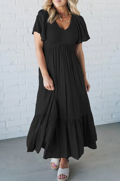 LP | Elegant plain dress with ruffle, V-neck and short sleeves (4 colors)